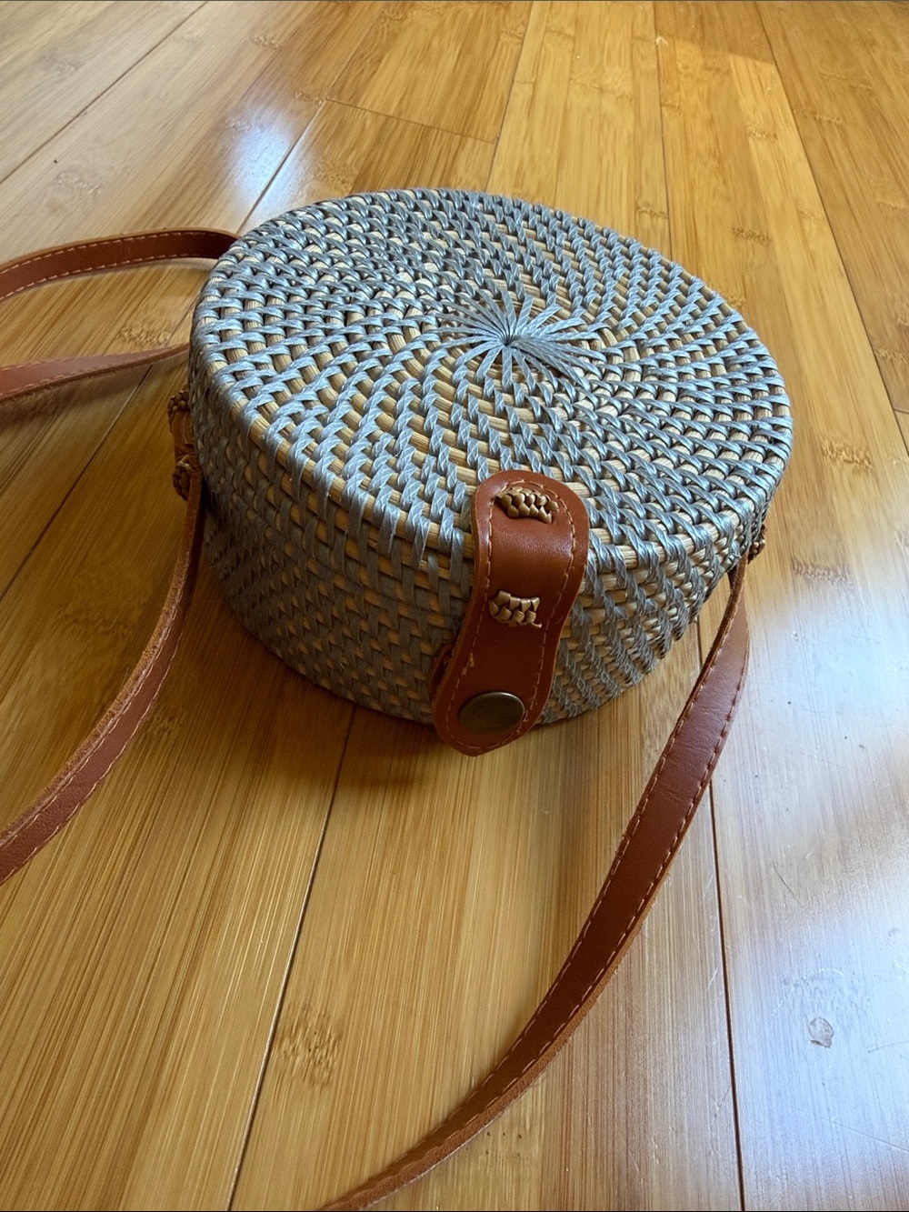 Round Woven Crossbody Bag Leather Trim - Light Blue *Made in Bali*